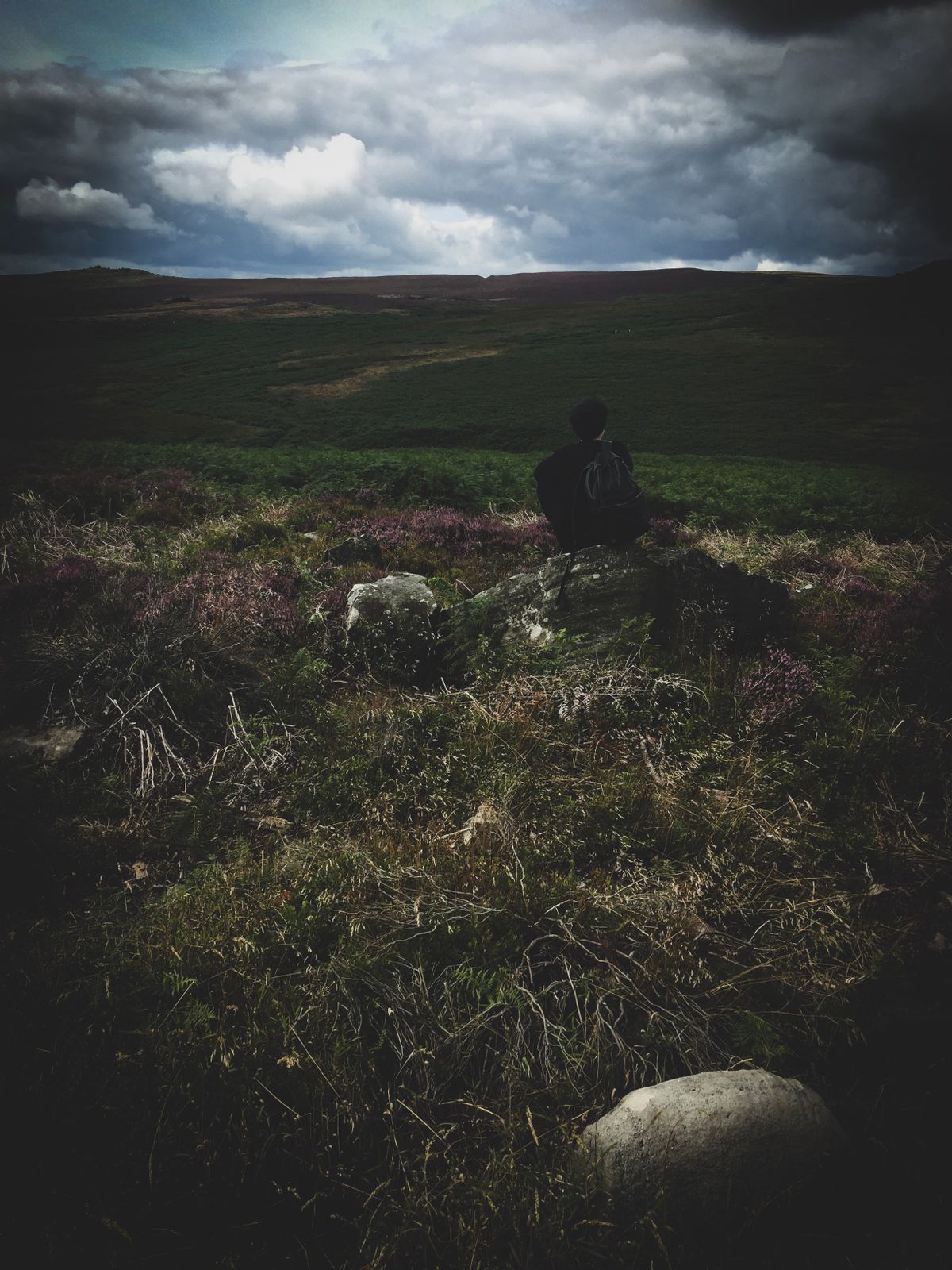 Hiker sitting on a rock looking out over rolling moorland hills and purple heather under a cloudy sky